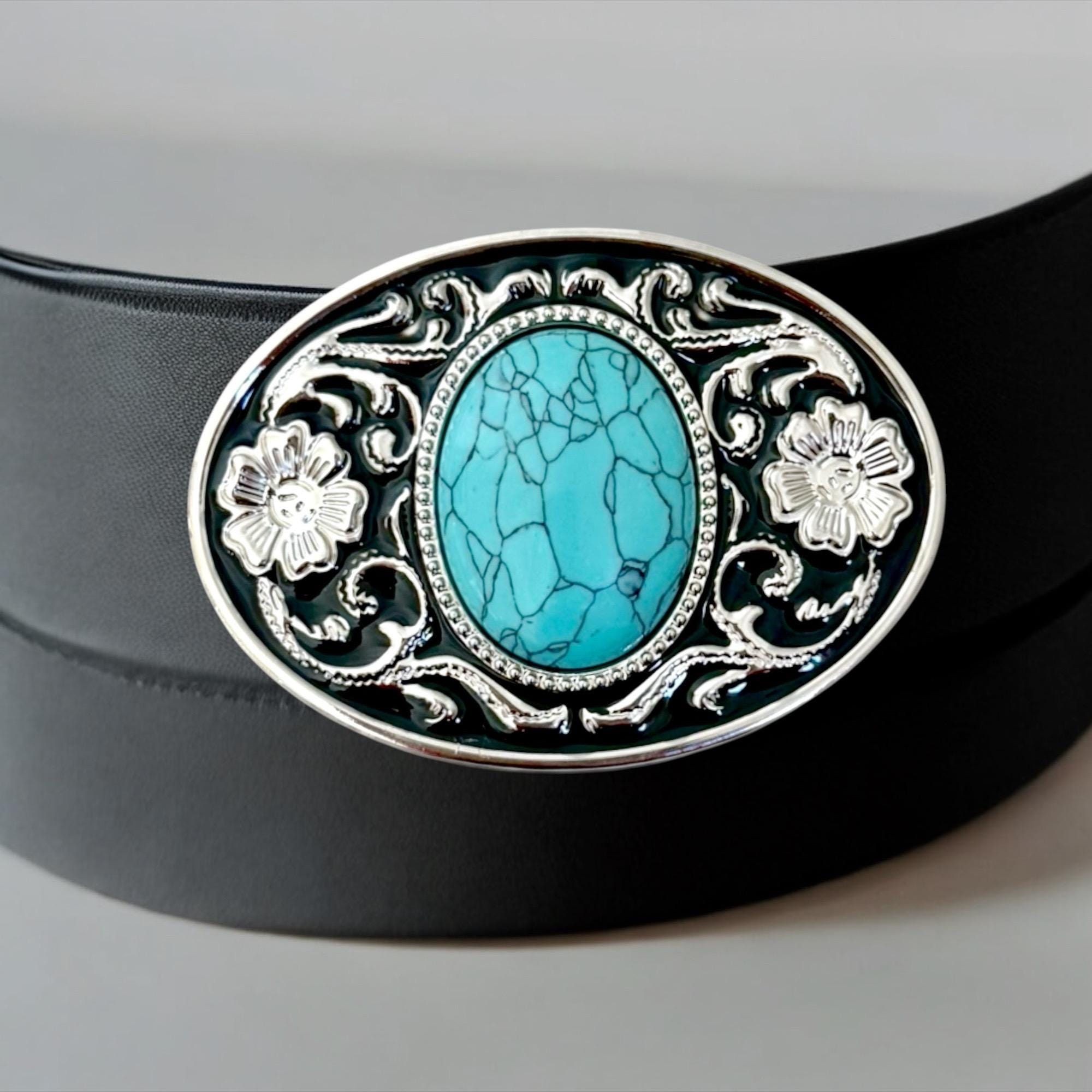 Vintage Teal Stretch Waist Belt Silver Southwestern Buckle Boho Western Western Turquoise Belt Buckle – Cowboy Rodeo Silver Buckle  main image 3