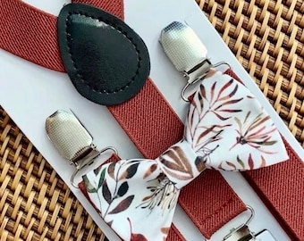 Terracotta Floral Bow Tie & Rust Suspenders for Ring Bearer Outfit Gift, Bow Ties for Men Groomsmen Present for Fall Wedding