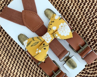 Mustard Floral Bow Tie Brown Leather Suspenders, Yellow Bow Tie, Ring Bearer Gift, Fall Wedding Suspenders Ring Bearer Outfit Autumn Boho