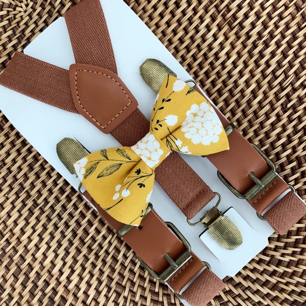 Mustard Floral Bow Tie Brown Leather Suspenders, Yellow Bow Tie, Ring Bearer Gift, Fall Wedding Suspenders Ring Bearer Outfit Autumn Boho