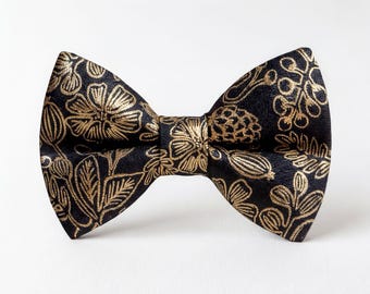 Floral Black and Gold Bow Tie for Men & Toddlers, Babies Handmade Wedding Groomsmen Ties