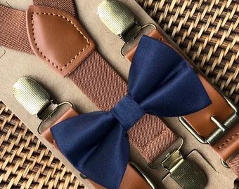 Navy Blue Bow Tie & Brown Leather Suspenders, Ring Bearer Outfit, Navy Wedding, Page Boy Outfit, Boys Birthday Outfit, Boy Gift, Groomsmen
