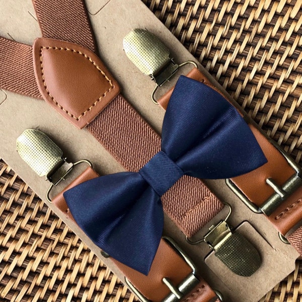 Navy Blue Bow Tie & Brown Leather Suspenders, Ring Bearer Outfit, Navy Wedding, Page Boy Outfit, Boys Birthday Outfit, Boy Gift, Groomsmen