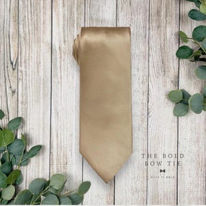 May include: A solid champagne-colored necktie with a smooth, satin-like finish and a pointed tip. The necktie is displayed vertically, showcasing its uniform light brown, metallic hue and clean, straight edges throughout the entire length.