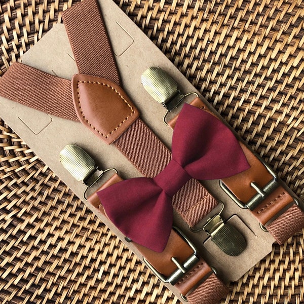 burgundy bow tie and suspenders wedding