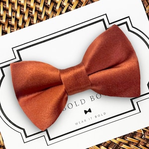 May include: A rust-colored satin bow tie with a smooth, reflective finish. The bow tie is centered on a white display card featuring a black decorative border, the text "BOLD BOW" with a small bow icon, and the phrase "WEAR IT BOLD" printed below.