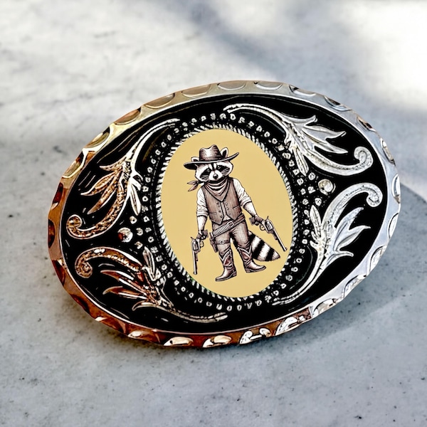 Divertida hebilla de cinturón estilo western con diseño de mapache - Plateada y negra