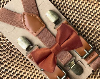 Terracotta Bow Tie and Suspenders, Ring Bearer Outfit Groomsmen Wedding Accessories