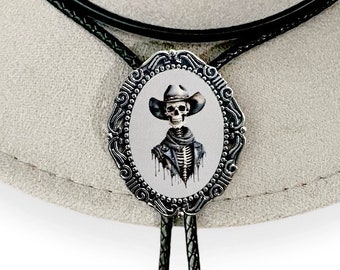 Skull Cowboy Bolo Tie for Men and Women Bolo Ties, Country Western Genuine Leather String Tie, Scary Skeleton Bola