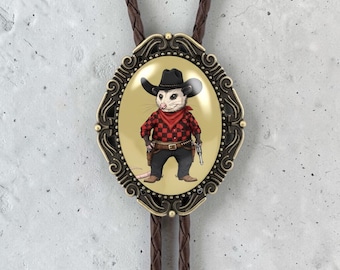 Krawat Opossum Bolo z prawdziwej skóry, biżuteria dla drużbów ślubnych w stylu western, srebrne mosiężne końcówki, USA, ręcznie robiony