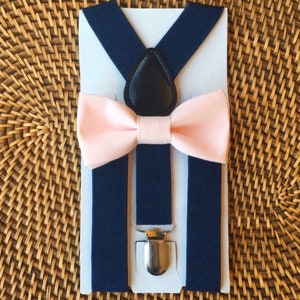 Blush Bow Tie, Navy Blue Suspenders, Pink Bow Tie, Blush Pink Bow Tie, Blush Bow Tie Navy Suspenders Set, Wedding Suspenders, Ring Bearer image 1