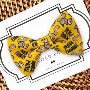 Dog Bow Tie with Squirrel Patrol in Yellow, Pet Collar Bow Tie Accessory | S-XL | Cats, Dogs