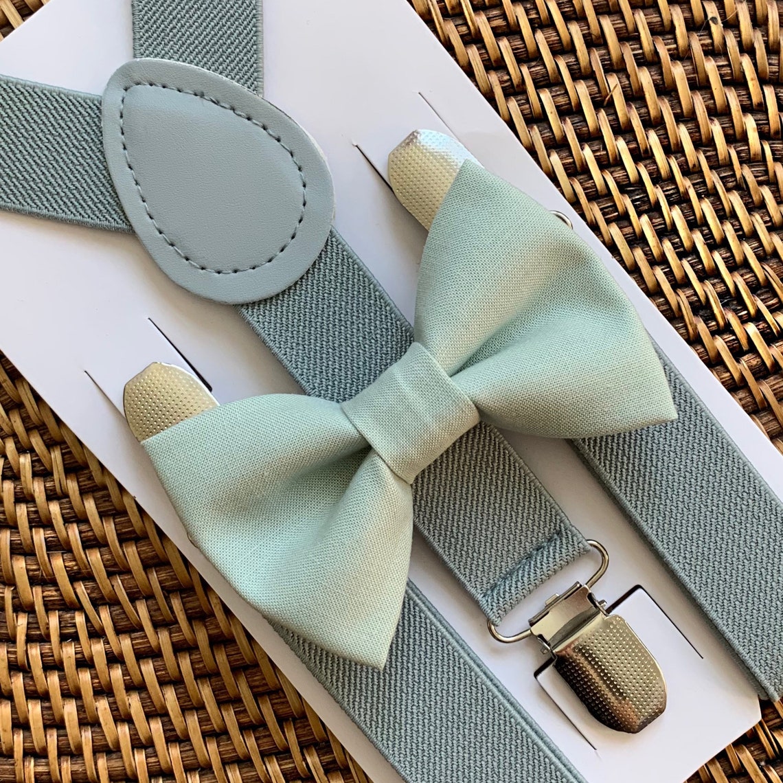 Dusty Sage Bow Tie & Grey Suspenders Ring Bearer Wedding image 1