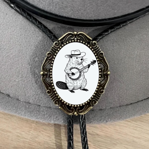 Western Bolo Tie: Cowboy Beaver with Banjo, Leather Necktie String Tie