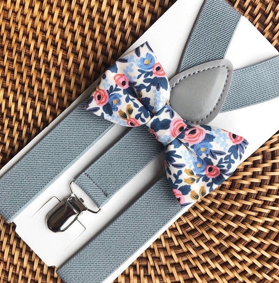 Bow Tie & Suspenders, Wedding Bow Ties, Floral Bow Tie, Grey Suspenders, Wedding Suspenders, Ring Bearer Outfit, Bow ties- All Sizes