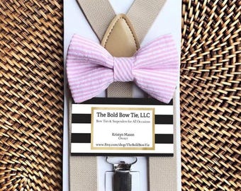 Pink Seersucker Bow Tie and Tan Suspenders, Easter Outfit