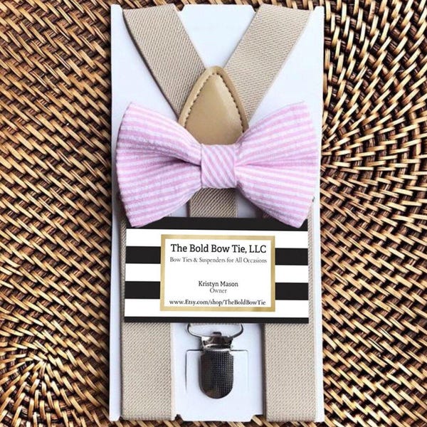 Pink Seersucker Bow Tie and Tan Suspenders, Easter Outfit
