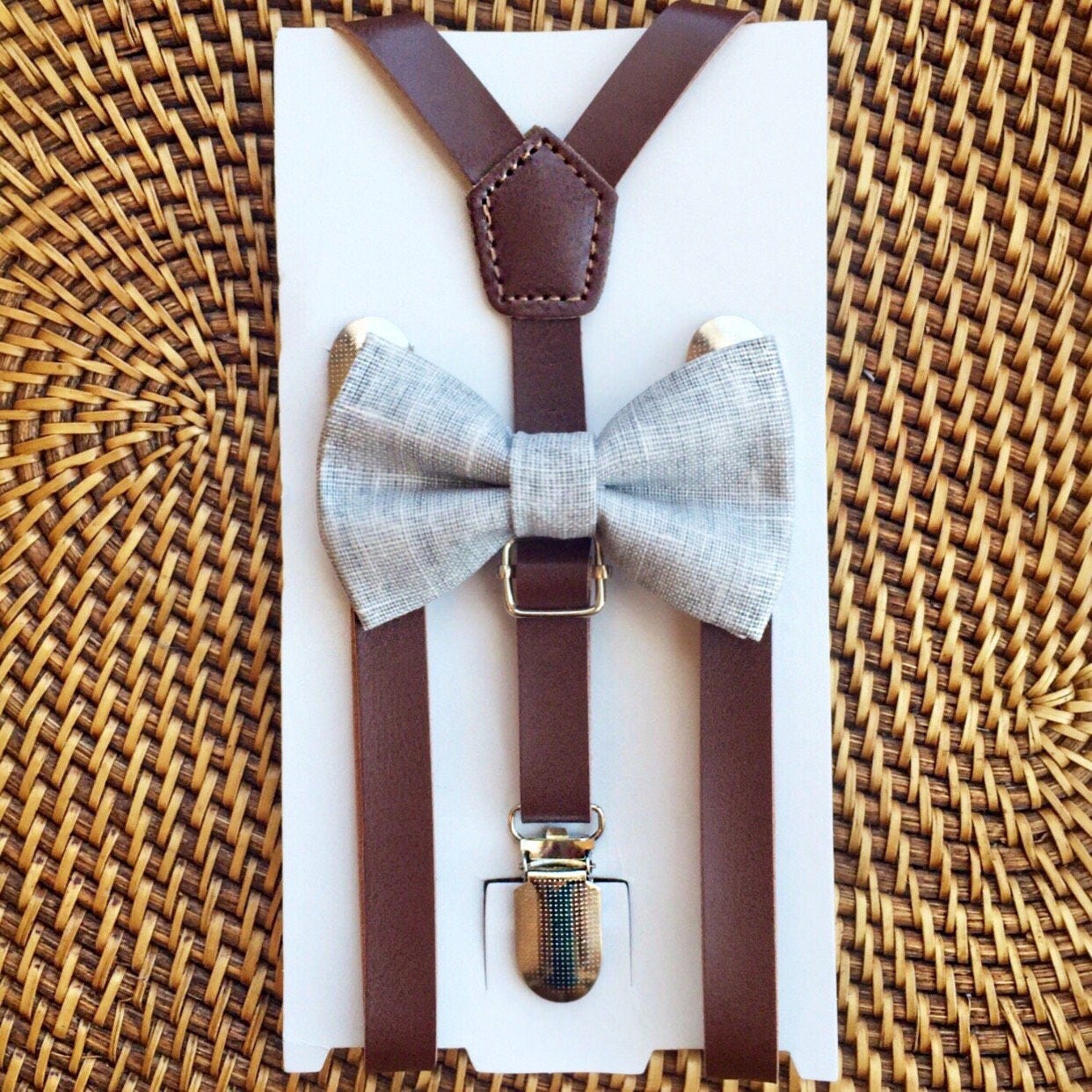 Gray Bow Tie & Leather Suspenders Grey Bow Tie Wedding | Etsy