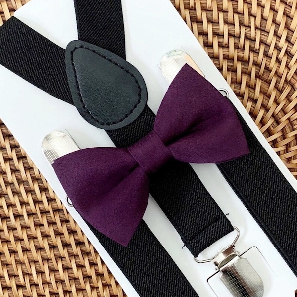 Purple Plum Bow Tie & Black Suspenders, Wedding, Bow Tie for Men Boys Girls, Ring Bearer Outfit, Plum Ring Bearer Outfit, Groomsmen Bow Ties