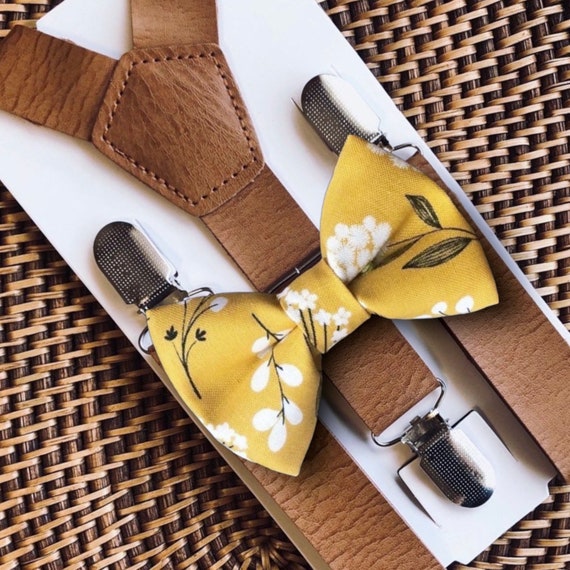 Mustard Bow Tie & Vegan Leather Suspenders, Floral Bow Tie, Baby Bow Tie, Bowtie, Fall Wedding, Rustic Wedding Suspenders,Ring Bearer Outfit