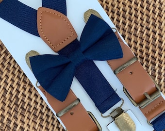 Navy Blue Bow Tie & Suspenders, Navy Bow Tie for Wedding, Navy Baby Bow Tie, Navy Ring Bearer Outfit, Mens Bow Ties, Boys Suspenders