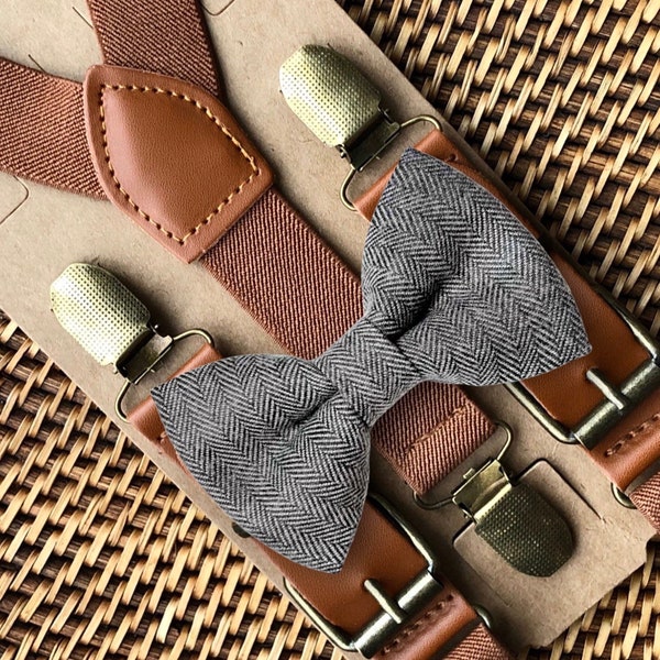 Gray Herringbone Bow Tie & Brown Suspenders with Buckles, Boho Wedding, Fall Wedding, Rustic Wedding, Ring Bearer Gift, Ring Bearer Outfit