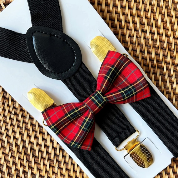 Red Christmas Tartan Plaid Bow Tie & Suspenders with Gold, Winter Wedding, First Christmas,Bow Ties, Baby Gift Set, Bow Tie for Men-ALL AGES