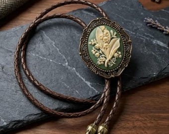 Western Bolo Tie, Green Lily of the Valley, May Flower Adjustable Genuine Leather Cord Groomsmen Wedding