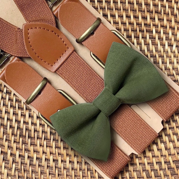 Olive Green Bow Tie & Brown Buckle Suspenders, Ring Bearer Outfit, Boho Wedding, Page Boy Outfit, Bohemian Rustic Wedding, Groomsmen