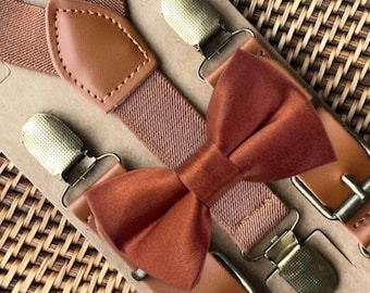 Terracotta Bow Tie & Suspenders, Cedar Rose, Wedding, Bow Ties for Men, Copper Tie,Burnt Orange Fall Wedding Bow Tie,Ring Bearer Outfit Gift