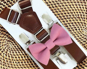 Dusty Rose Bow Tie, Mauve Bow Tie, Wedding Suspenders, Leather Suspenders, Mens Bow Tie, Boys Bow Tie, Ring Bearer Outfit, Groomsmen Bow Tie