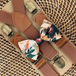 Burnt Orange Rust Floral Bow Tie & Brown Vegan Buckle Suspenders for Rustic Terracotta Fall Wedding, Bowtie for Ring Bearer Gift