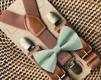 Sage Bow Tie & Brown Suspenders, Sage Green Wedding, Ring Bearer Gift, Boho Wedding, Bow Ties for Men, Ring Bearer Outfit, Sage Bow tie