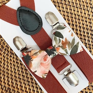 Floral Bow Tie and Suspenders Set, Burnt Orange Terracotta Boho Wedding Ring Bearer Groomsmen