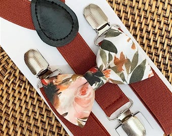 Floral Bow Tie and Suspenders Set, Burnt Orange Terracotta Boho Wedding Ring Bearer Groomsmen