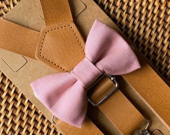 Dusty Rose Bow Tie & Leather Suspenders, Wedding Suspenders, Mauve Bow Tie, Mens Bow Ties, Ring Bearer Outfit, Boys Bow Tie, ALL SIZES