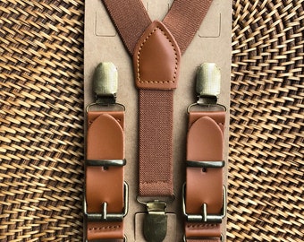 Brown Leather Buckle Suspenders- Groomsmen, Ring Bearer, Page Boy Outfit, Birthday, Cake Smash, Wedding, Gift for Men, Leather Suspenders