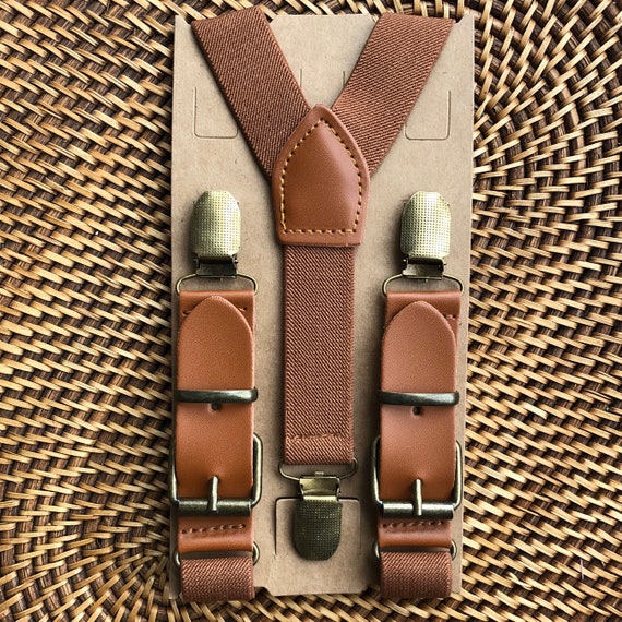 Brown Leather Buckle Suspenders Groomsmen Ring Bearer Page Boy