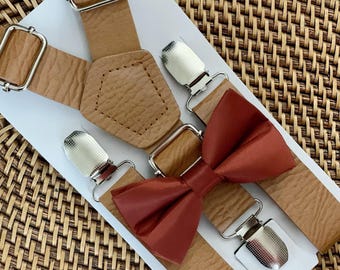 Cinnamon Bow Tie & Leather Suspenders Set, Ring Bearer Outfit Groomsmen Wedding Bowtie