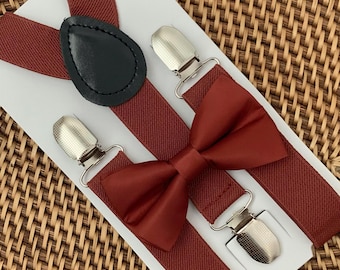 Burnt Orange Bow Tie and Suspenders Set, Rustic Cinnamon Wedding Outfit Groomsmen Ring Bearer