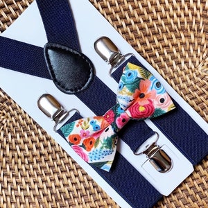 Rifle Paper Co Bow Tie & Navy Blue Suspenders, Floral Bow Tie, Bow Ties for Men, Boys Bow Tie, Ring Bearer Outfit, Navy Blue Bow Ties