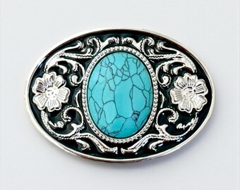 Turquoise Stone Silver-Tone Western Belt Buckle - Blue Western Turquoise Belt Buckle – Cowboy Rodeo Silver Buckle  main image 4