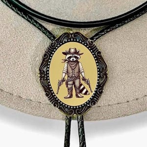 Raccoon Bolo Tie for Men and Women - Gifts for Him Western Cowboy Necktie Accessories Mens Necklace Leather Cord Woven Outfit Rodeo Man Bola