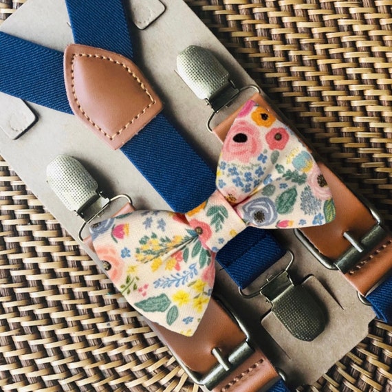 Floral Bow Tie & Navy Blue Suspenders, Pink Bowtie, Bow Ties for Men, Boys Bow Tie, Toddler Ring Bearer Outfit, Spring Bow Tie, Boho Wedding