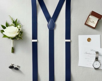 Granatowe szelki dla mężczyzn i chłopców – szelki ślubne – prezent dla drużby lub osoby noszącej obrączki