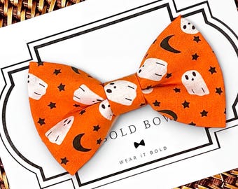 Halloween Ghost Dog Bow Tie, Orange Fall Puppy Collar, Cat Bowtie Pet Lover Gift