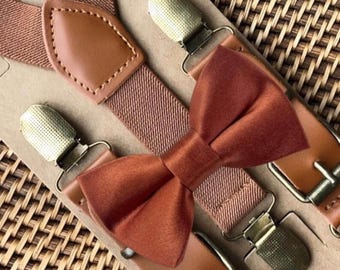 Burnt Orange Bow Tie and Suspenders Set, Rustic Wedding Outfit