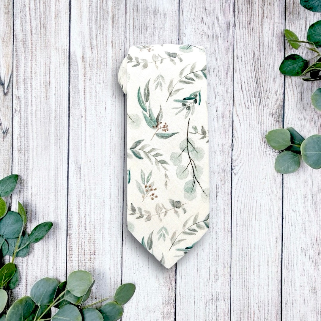 Floral Sage Green Tie, Floral Mens Necktie for Weddings, Sage Tie for