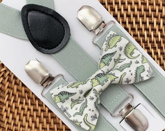 Muszka z dinozaurami i szelkami dla maluchów, dzieci i mężczyzn, muszka w kolorze szałwiowej zieleni
