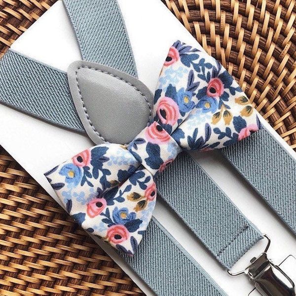 Nœud papillon bohème à fleurs avec bretelles grises, mariage bohème, tenue pour porte-alliances, fête des mères, nœud papillon bohème, Pâques, éclat de gâteau, tous les âges